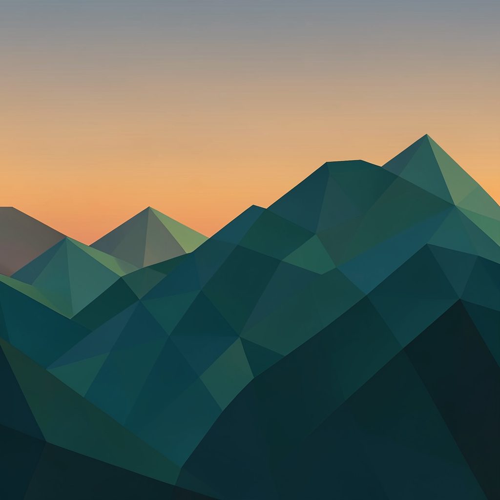 A low-poly faceted geometric landscape at dusk, deep teal and amber polygons forming layered mountain silhouettes against a warm gradient sky