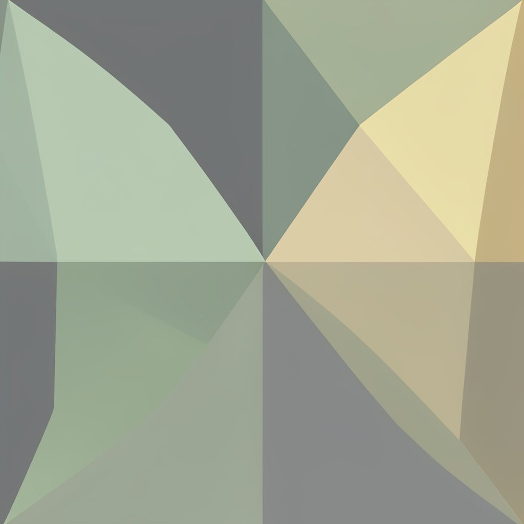 A low-poly faceted geometric composition of overlapping translucent planes in muted sage green, slate gray, and soft gold, suggesting depth and reflection