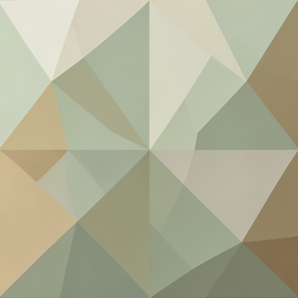 A low-poly faceted geometric composition in muted sage greens, warm ochres, and soft ivory tones, evoking a calm, reflective atmosphere